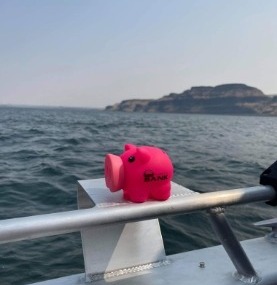piggy bank on the edge of boat on the Columbia river