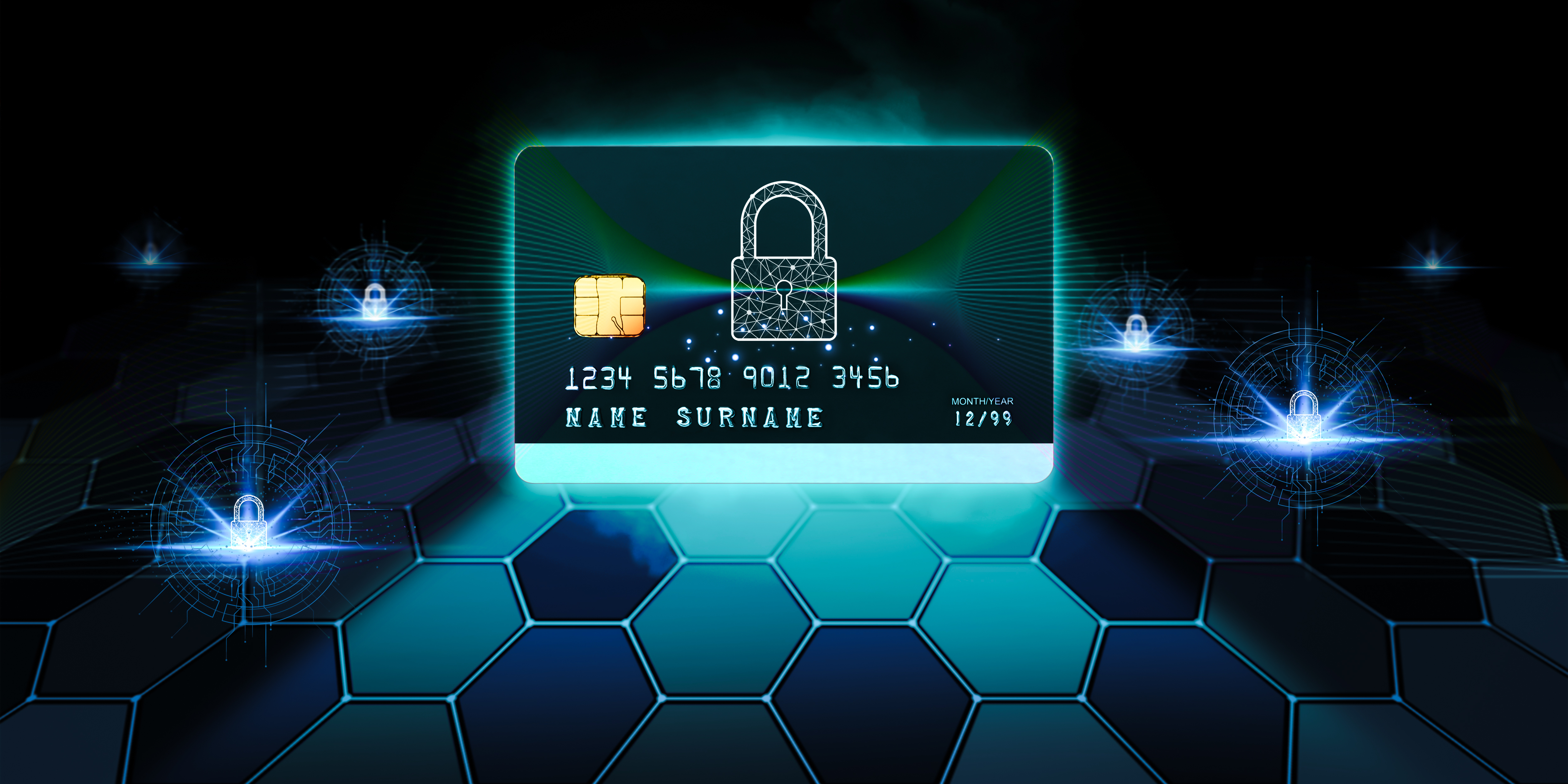 Illustration of a debit card with security measures in place. 